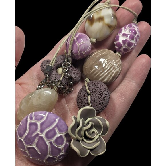 Cottagecore Floral Purple And Grey Mixed Media Statement Necklace - Picture 3 of 6